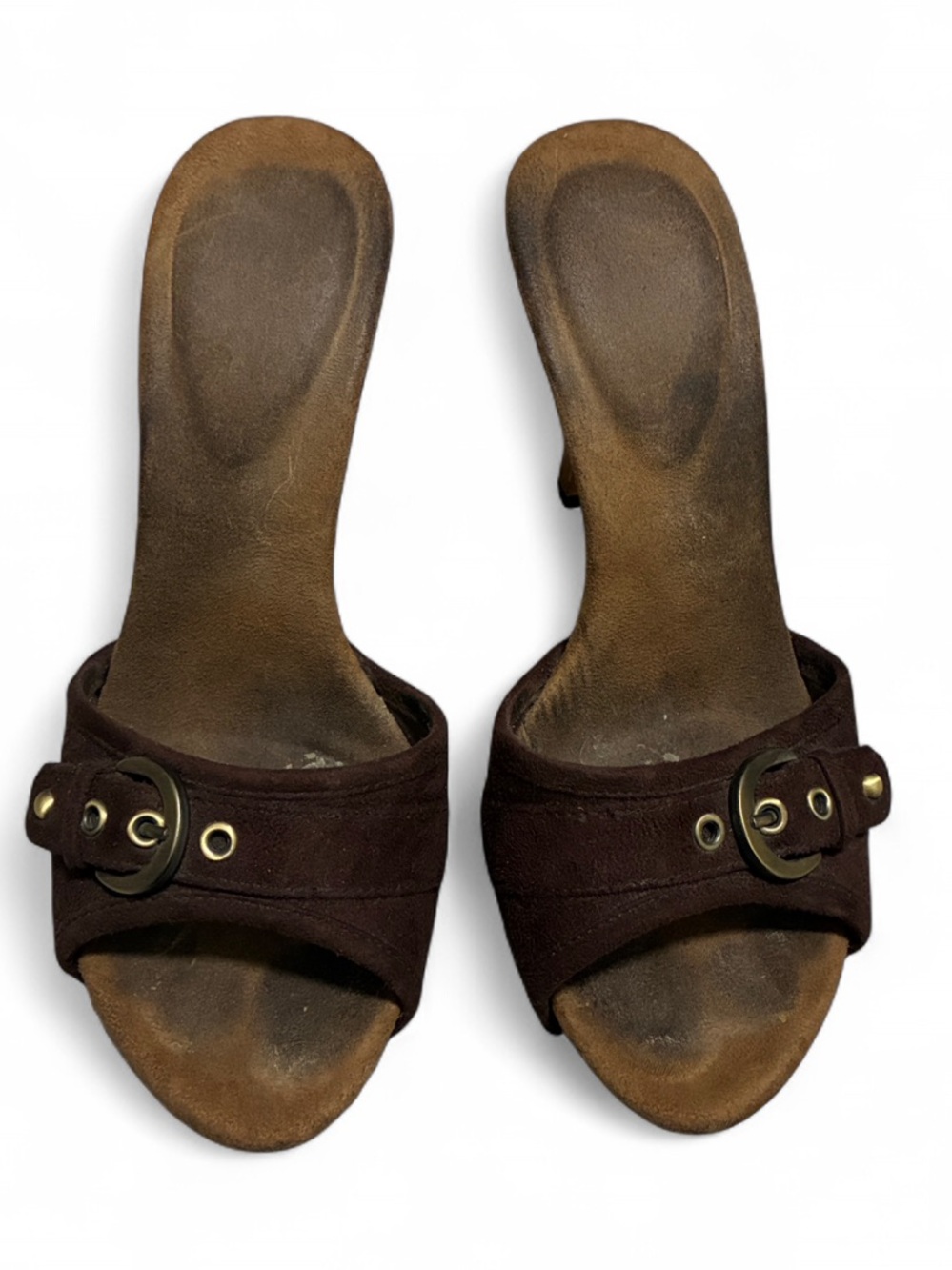Y2K Worthington Slide Sandal Heels in Dark Brown with Buckle Accent
